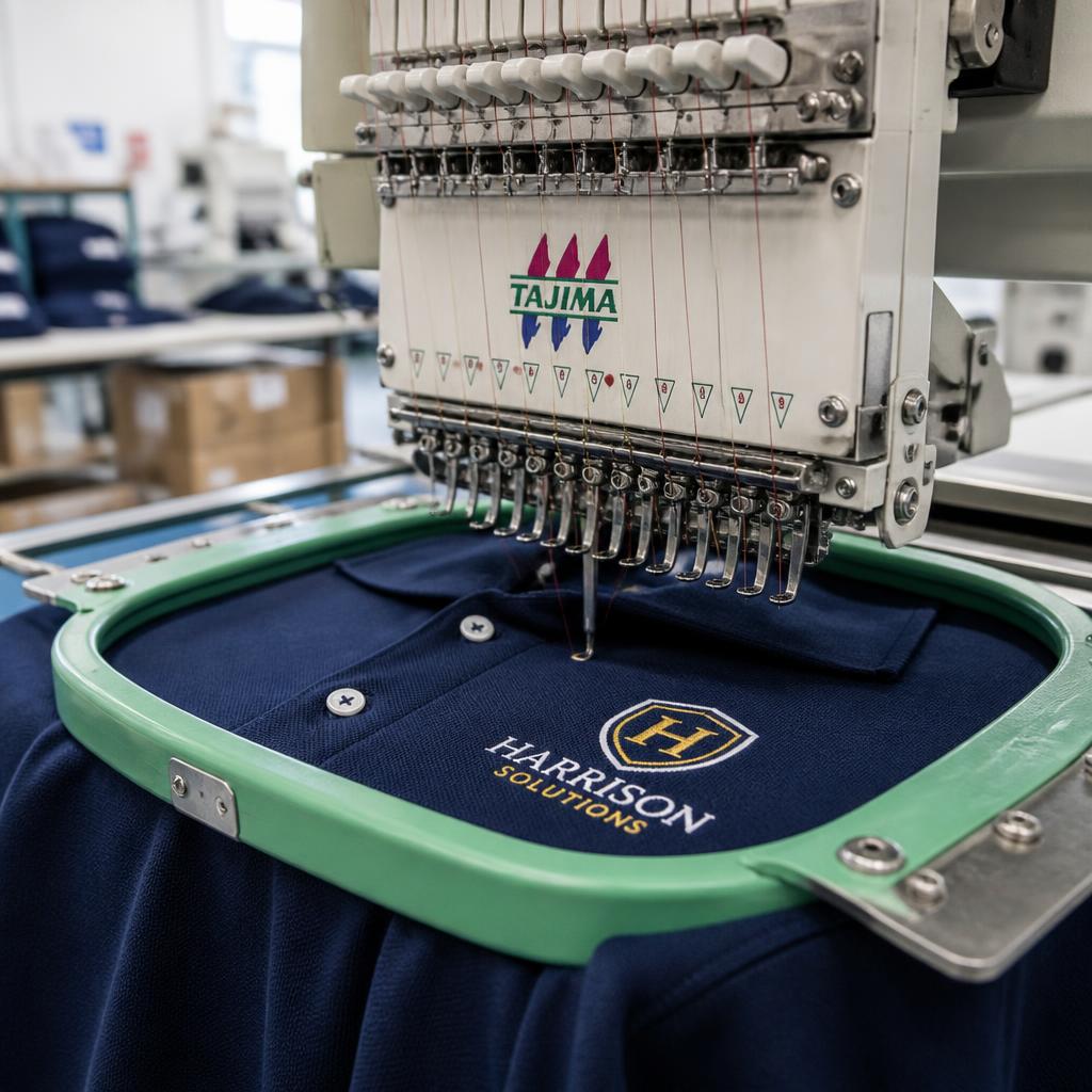 Embroidery machine stitching a logo onto a navy polo shirt