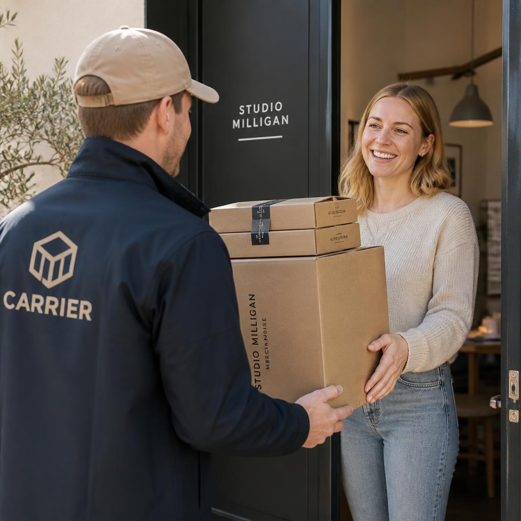 Courier handing branded merchandise parcels to a customer