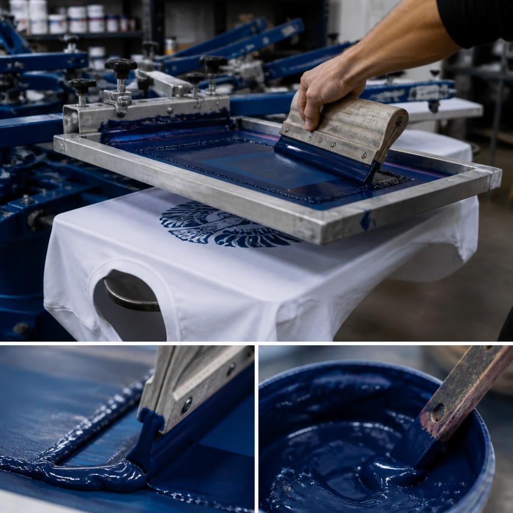 Navy ink being screen printed onto a white t-shirt