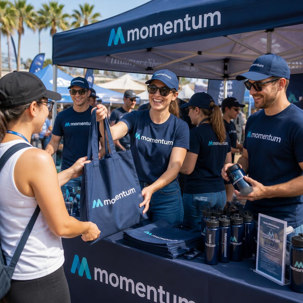 Staff in branded navy t-shirts giving out tote bags at an outdoor event