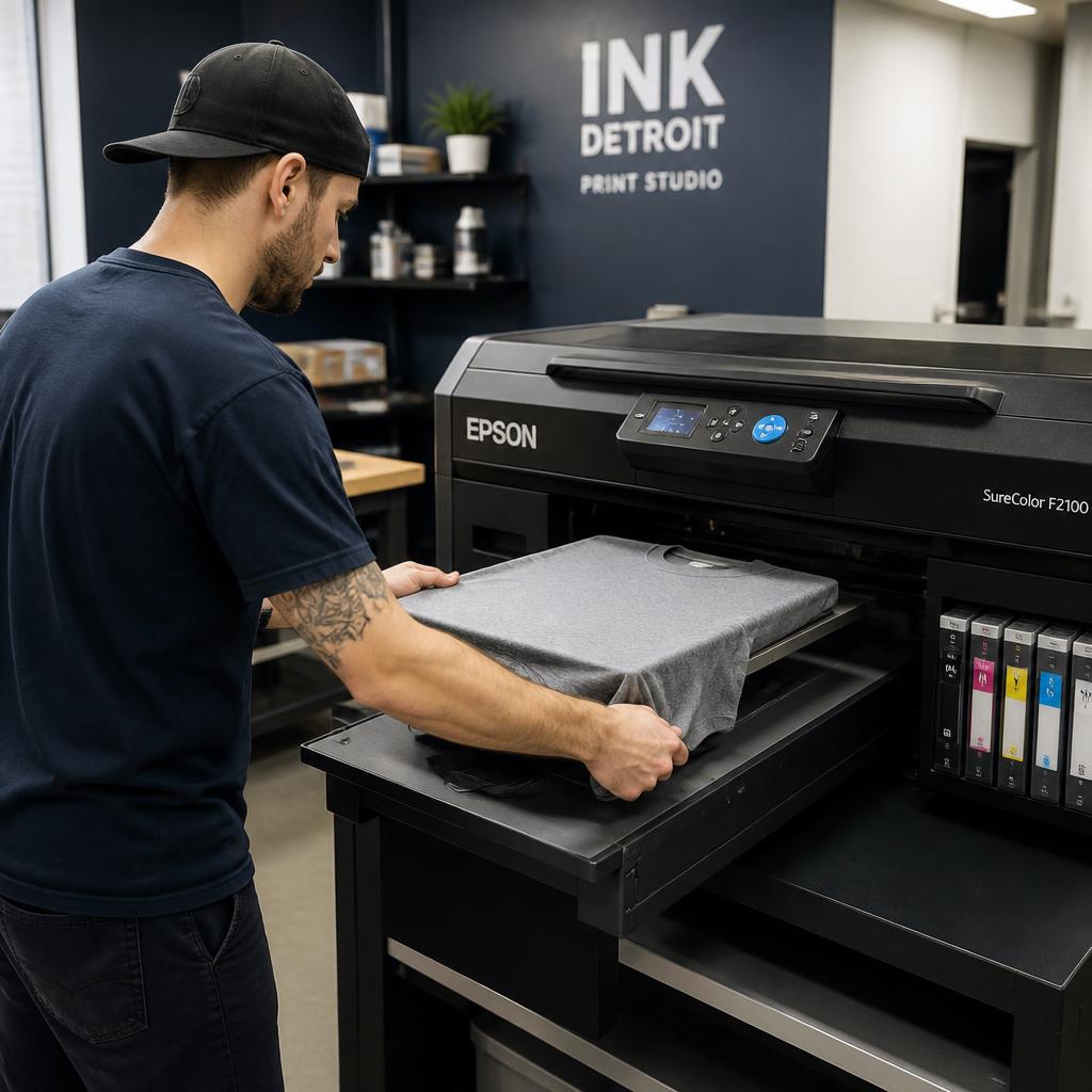 Printer loading a grey t-shirt onto a garment printer in the studio