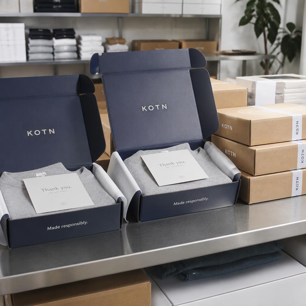 Branded merchandise orders boxed and ready on the packing bench
