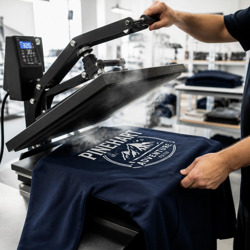 Heat press transferring a design onto a navy t-shirt