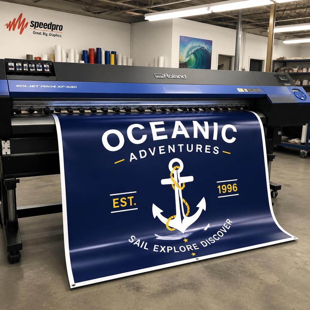 Large format printer outputting a navy vinyl banner