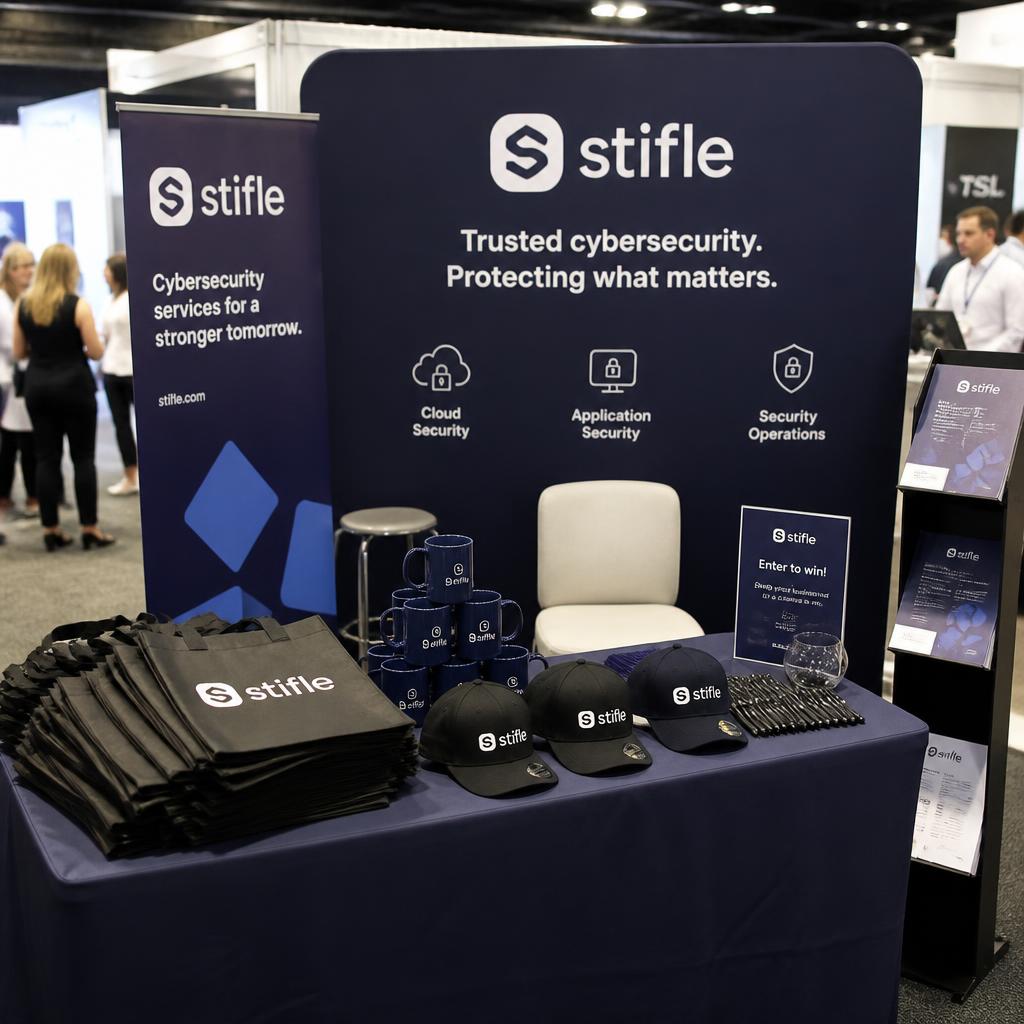Exhibition stand with branded backdrop and merchandise giveaways