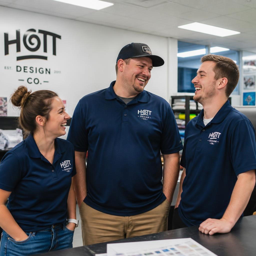 Team in matching navy embroidered polos laughing in the studio
