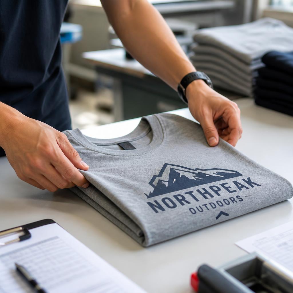 Hands folding a freshly printed grey t-shirt during a quality check