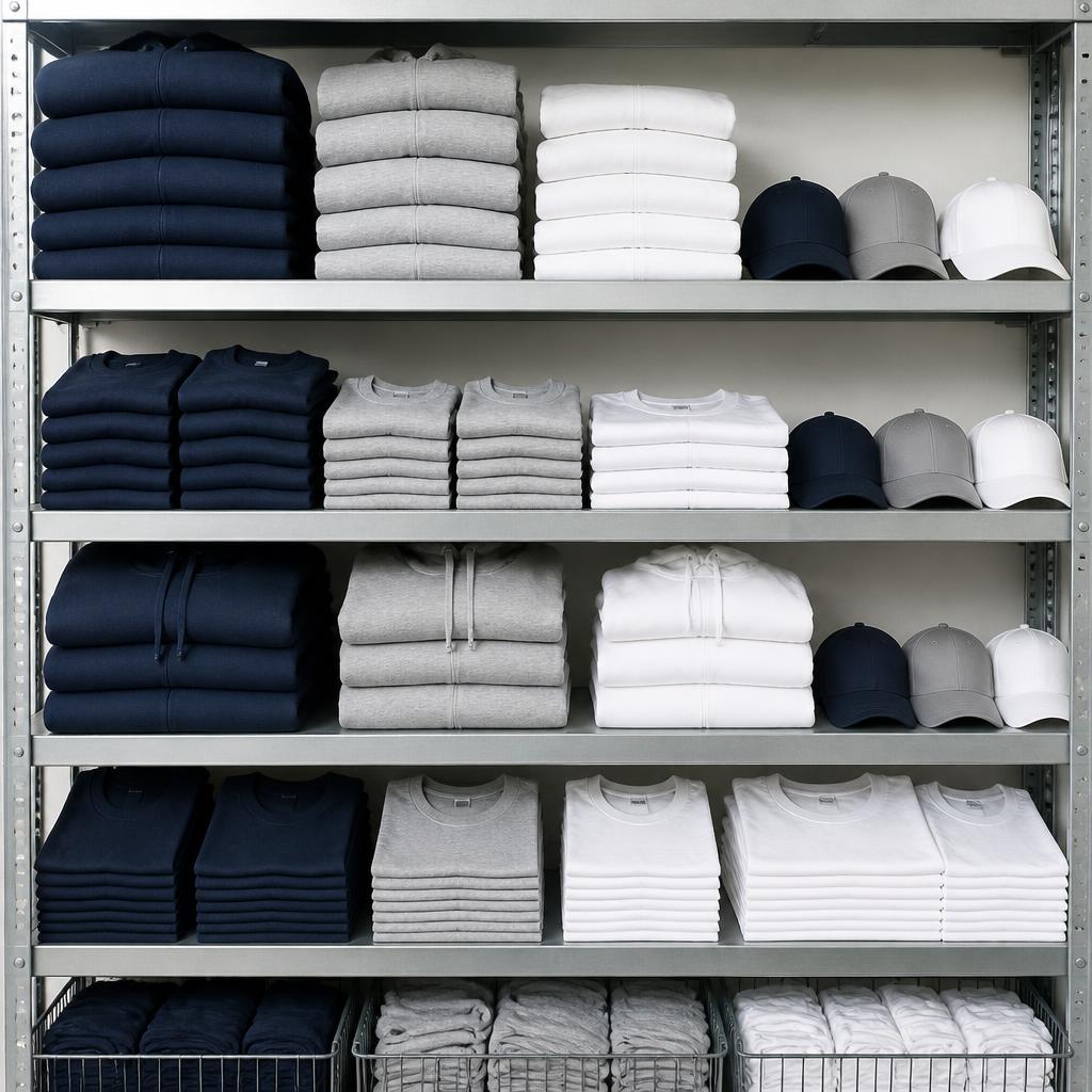 Stockroom shelves of navy, grey and white garments and caps