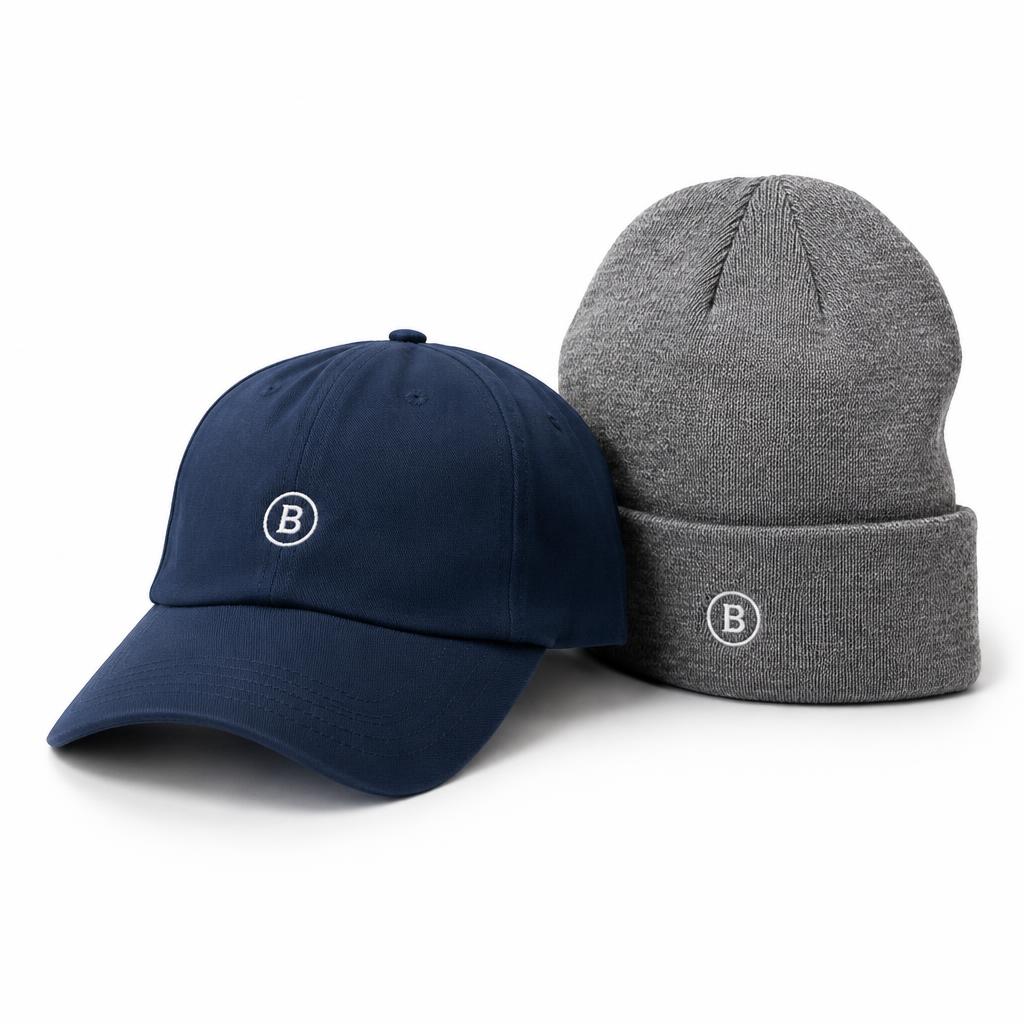 Navy baseball cap and grey beanie embroidered with a circular B logo