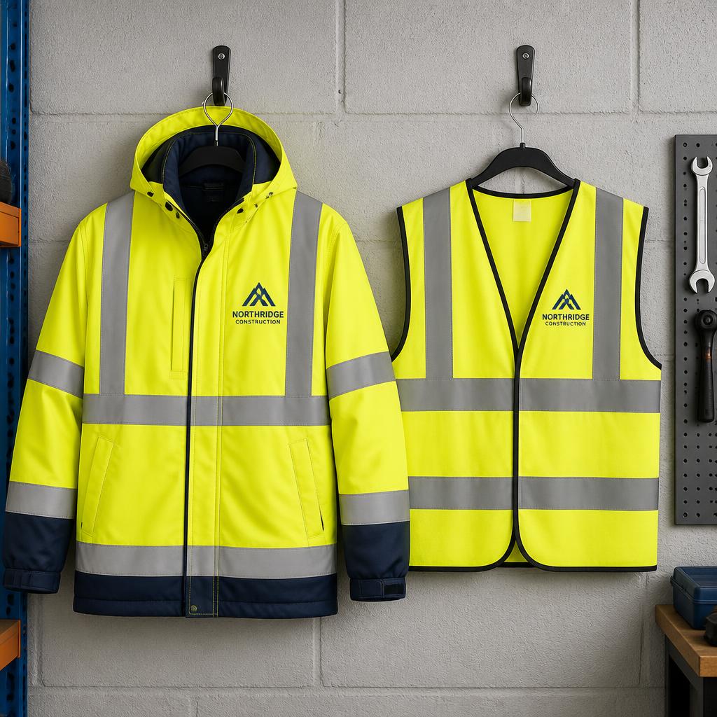 Hi-vis jacket and vest with a navy company logo printed on the chest