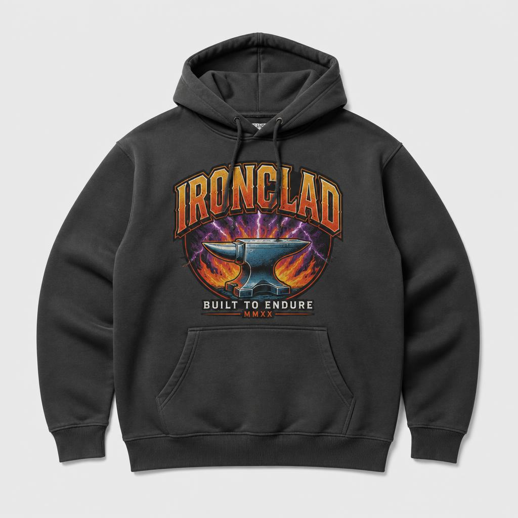 Charcoal grey hoodie with a full-colour printed front design