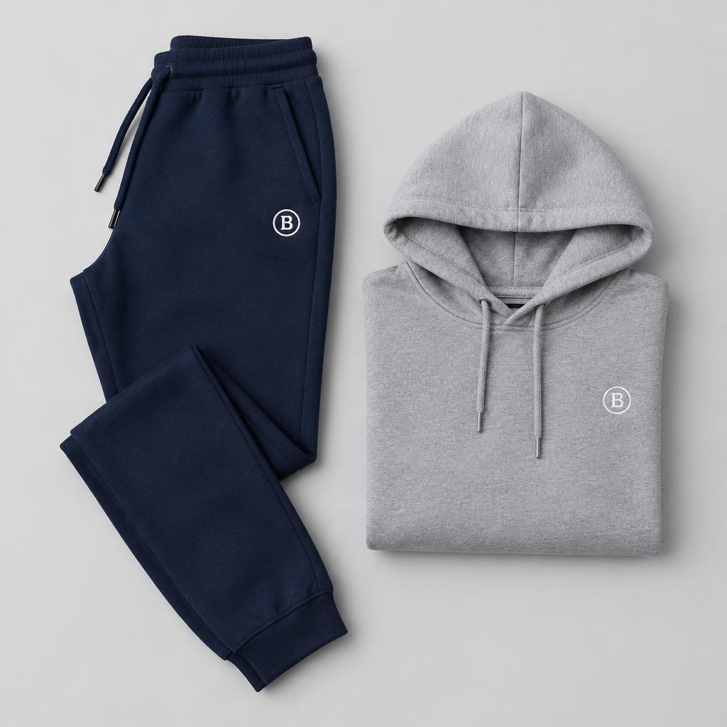 Navy joggers and grey hoodie with a white circular B logo