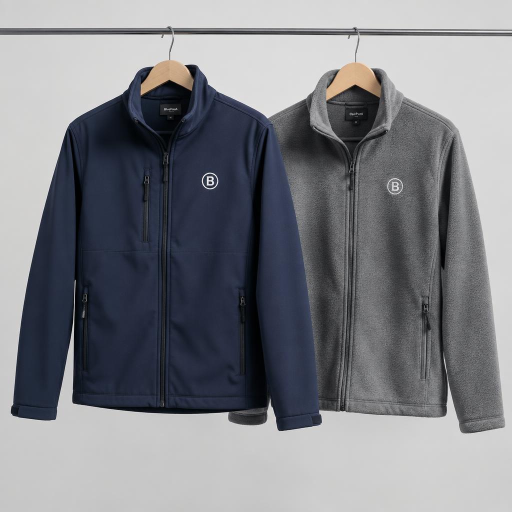 Navy softshell jacket and grey fleece jacket with a circular B logo on the chest