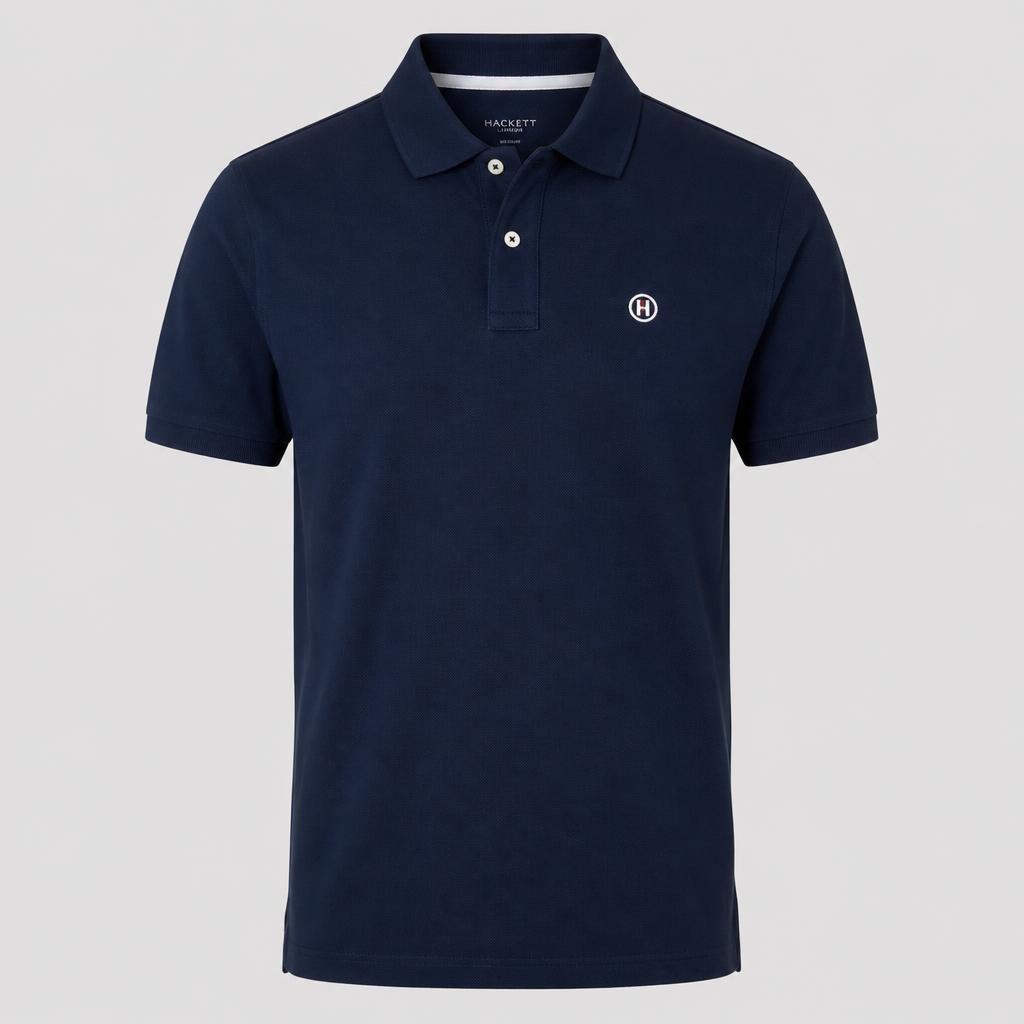 Navy piqué polo shirt with an embroidered circular logo on the left chest