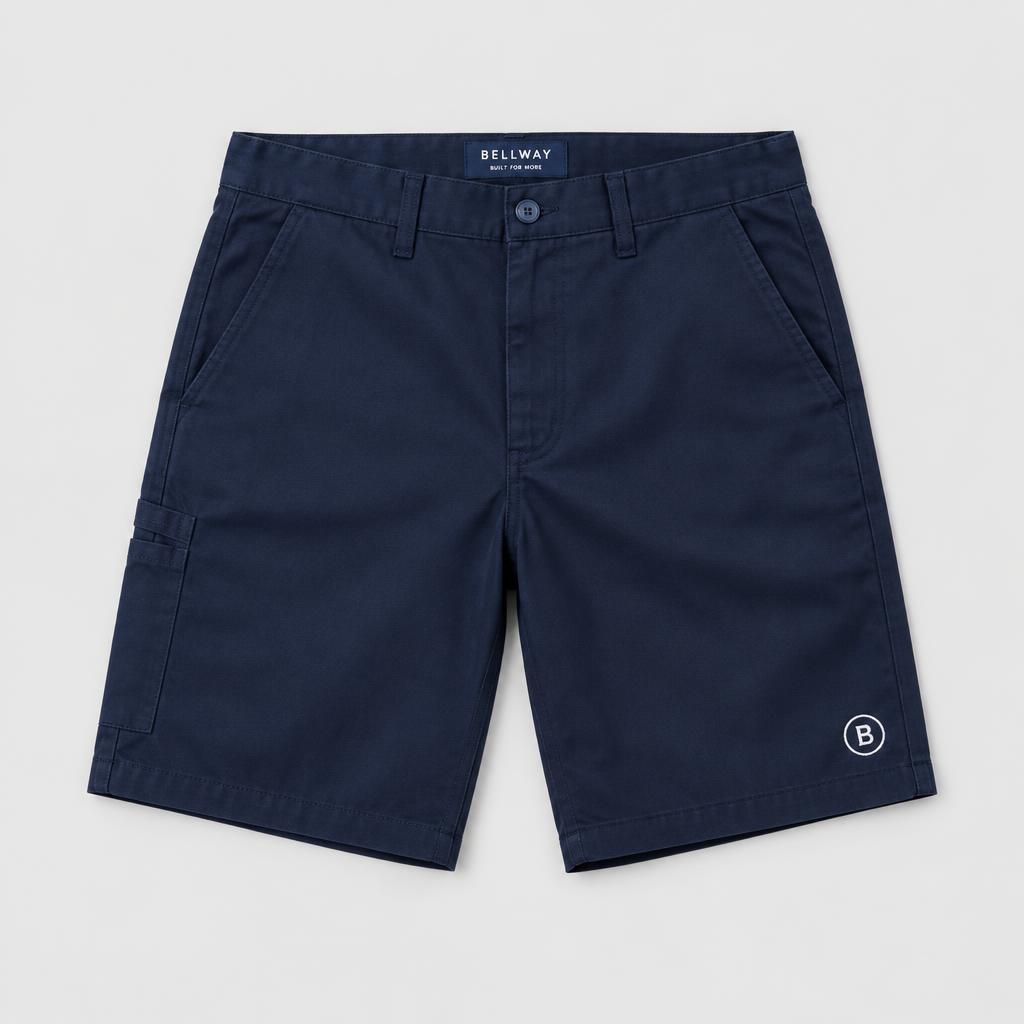 Navy chino shorts with a white circular B logo embroidered on the leg