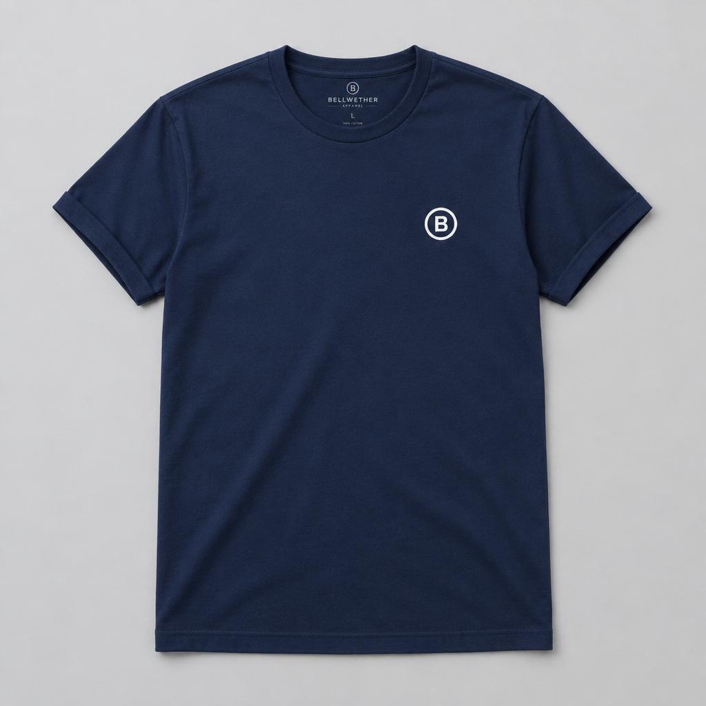 Navy blue crew-neck t-shirt with a white circular B logo on the chest
