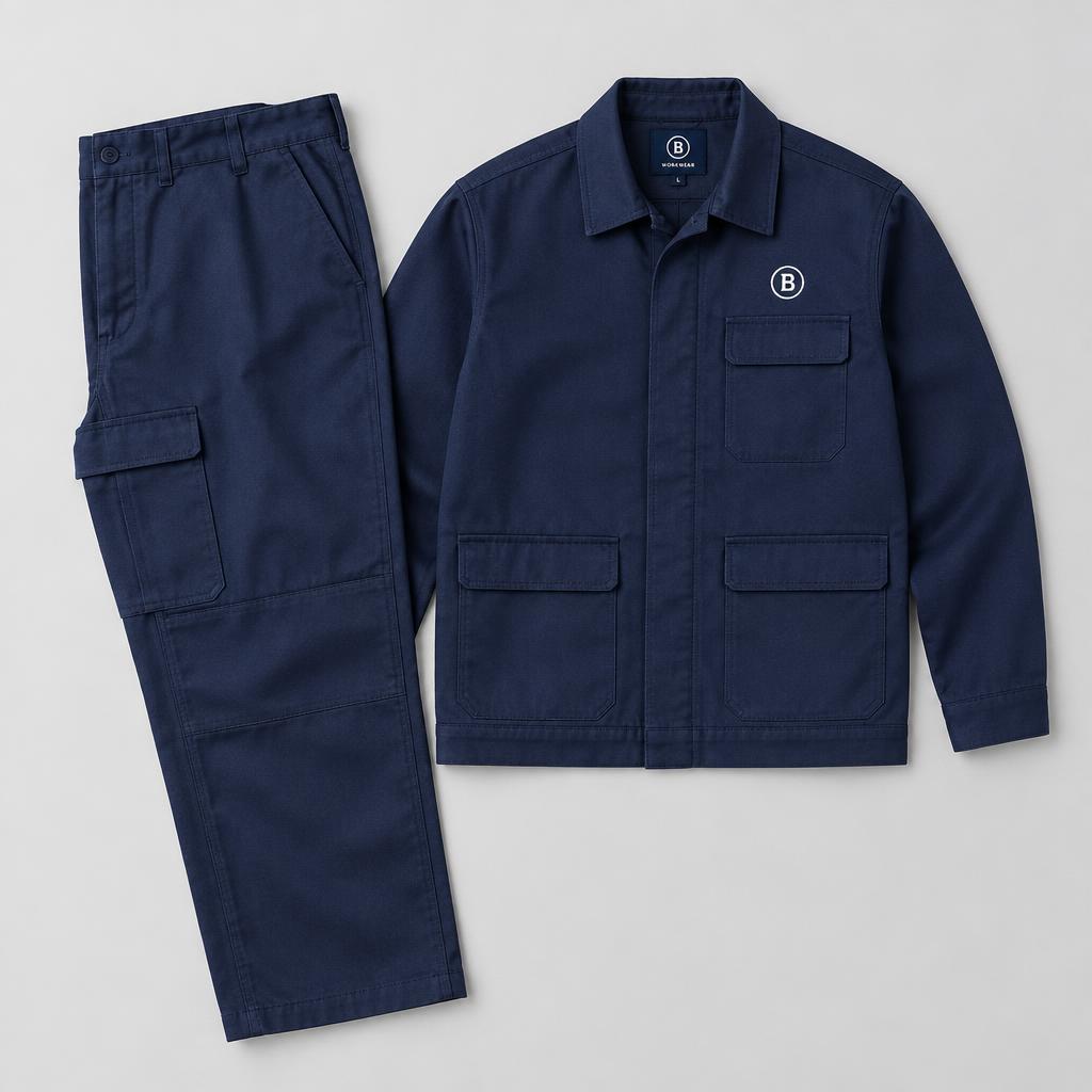 Navy work jacket and cargo trousers with a white circular B logo