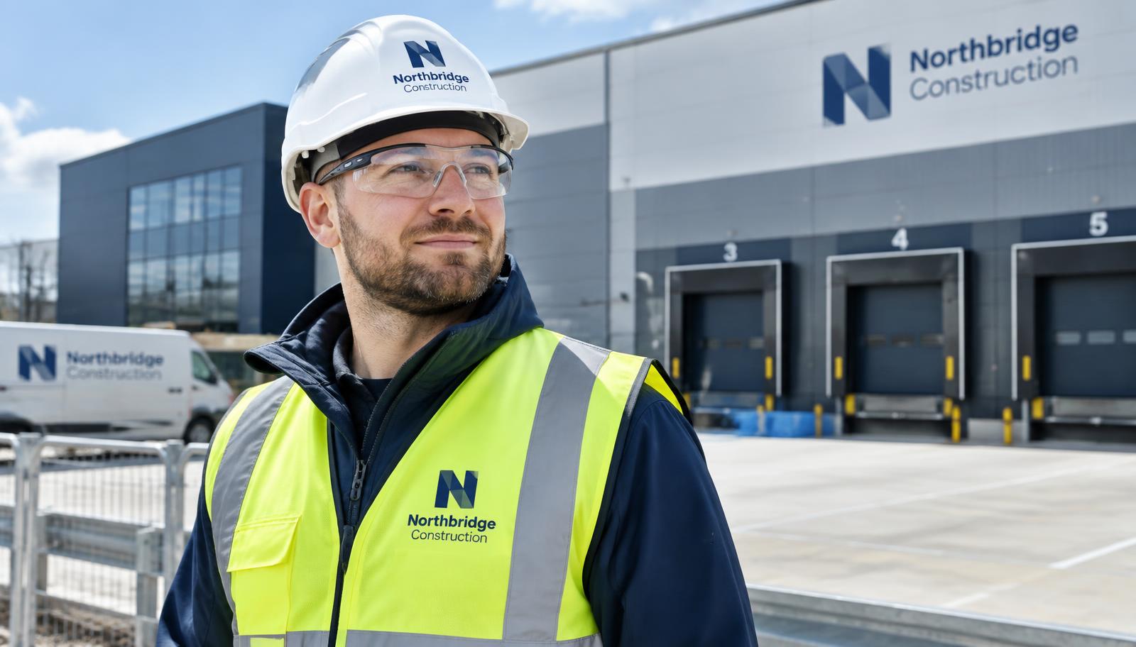 Worker in a hi-vis vest with a branded logo at a warehouse site