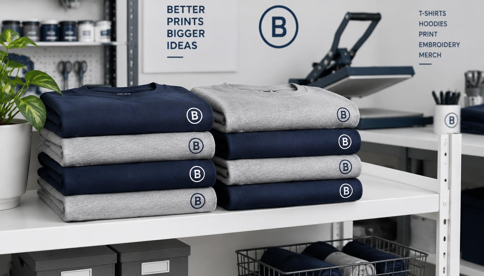 Neatly folded stack of printed navy and grey t-shirts on a studio shelf