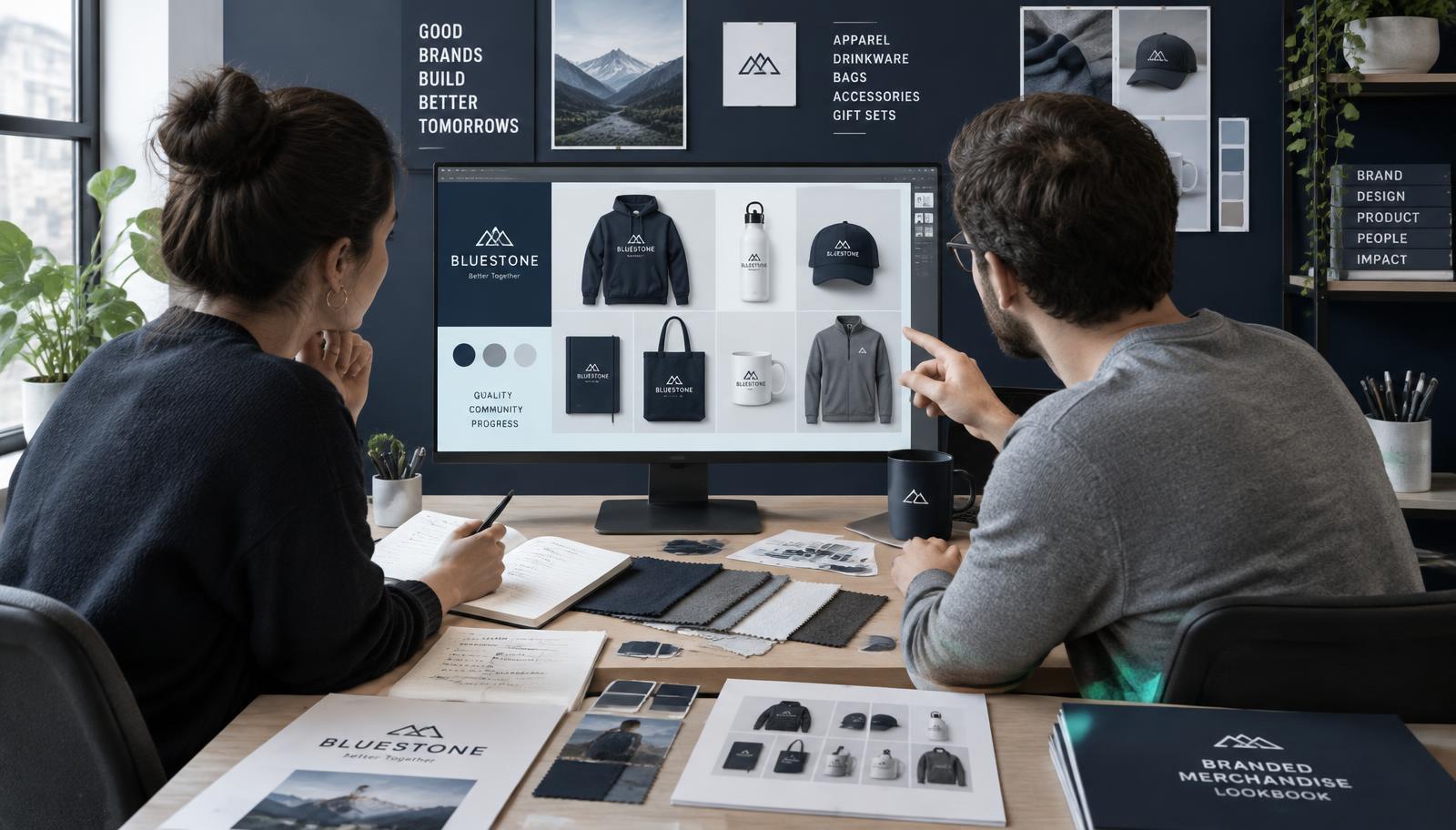 Design team reviewing branded merchandise mockups on a large monitor