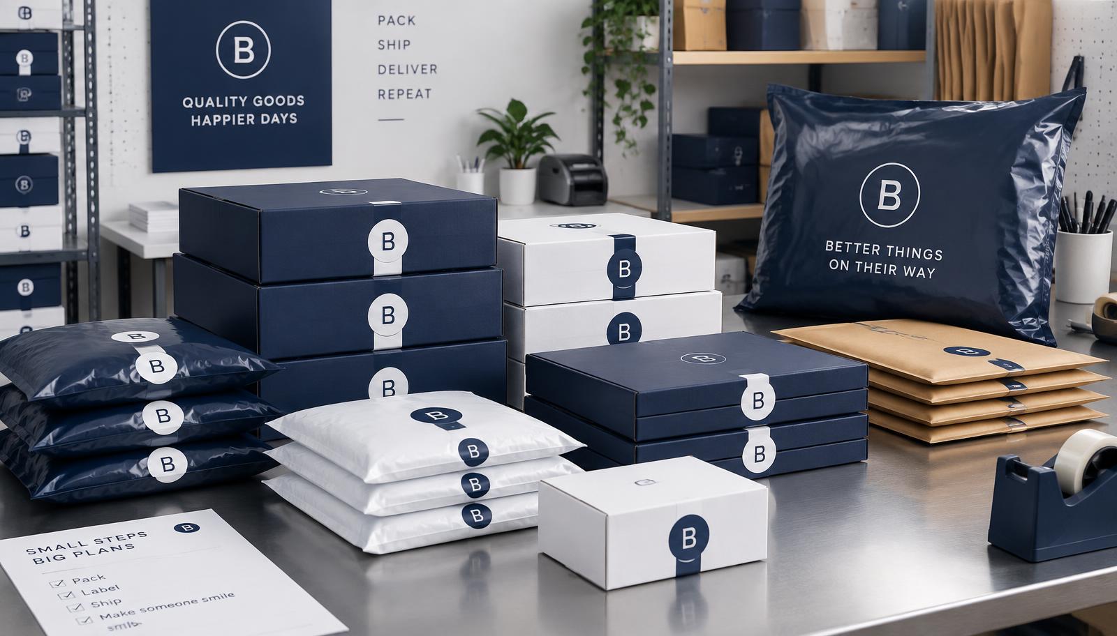 Shipping bench with branded navy and white parcels ready for courier